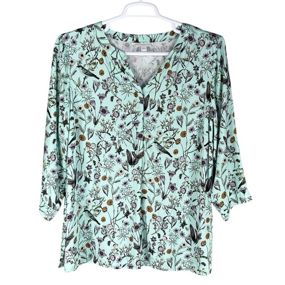 J Jill Womens L Seafoam Botanical Bird Floral Print Top 3/4 Sleeve Blouse Silky - Picture 8 of 16